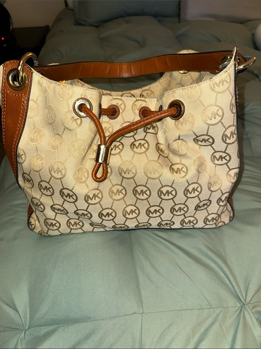 Michael Kors Cream Monogram Drawstring Shoulder Bag with Brown Trim